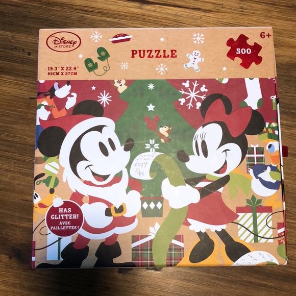 DISNEY STORE 500 piece puzzle Minnie Mickey Holiday Puzzle Glitter - Picture 3 of 3